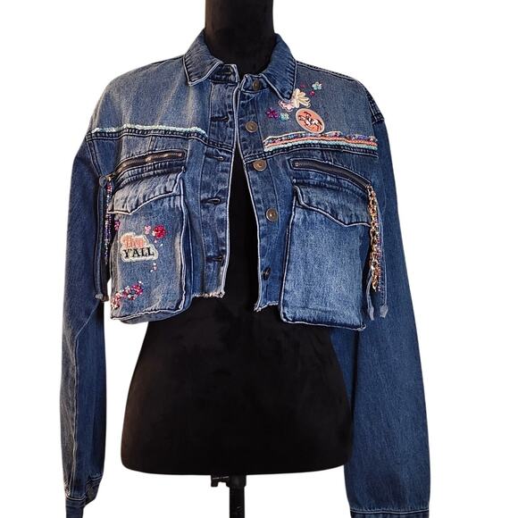 CUSTOM NWT Embroidered Western Denim Cargo Jacket, Size Large - Picture 2 of 14